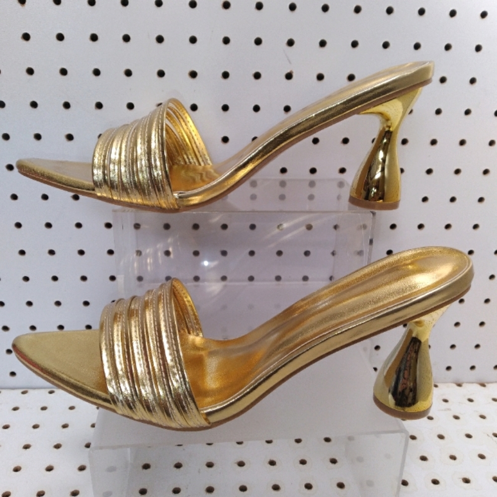 Women's | Gold Sandals | Strappy 3" Mid Heel Kitten-Heel Pump Pointy-Toe 43 EUR